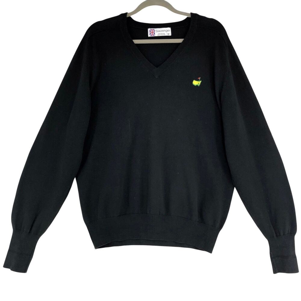 Slazenger Sweater Mens M V Neck Cotton Masters Logo Black Golf Classic Pullover